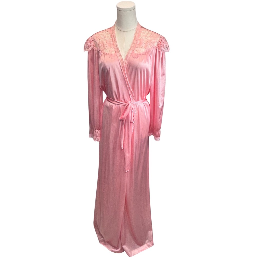 VTG Lorraine Lingerie Robe Pink Lace Trim Antron III Nylon 60s 70s Coquette Sz L